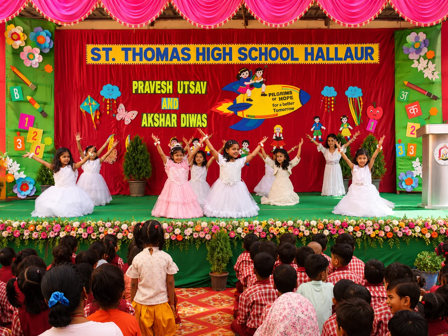 Young girls dancing on stage at the Pravesh Utsav and Akshar Diwas celebration
