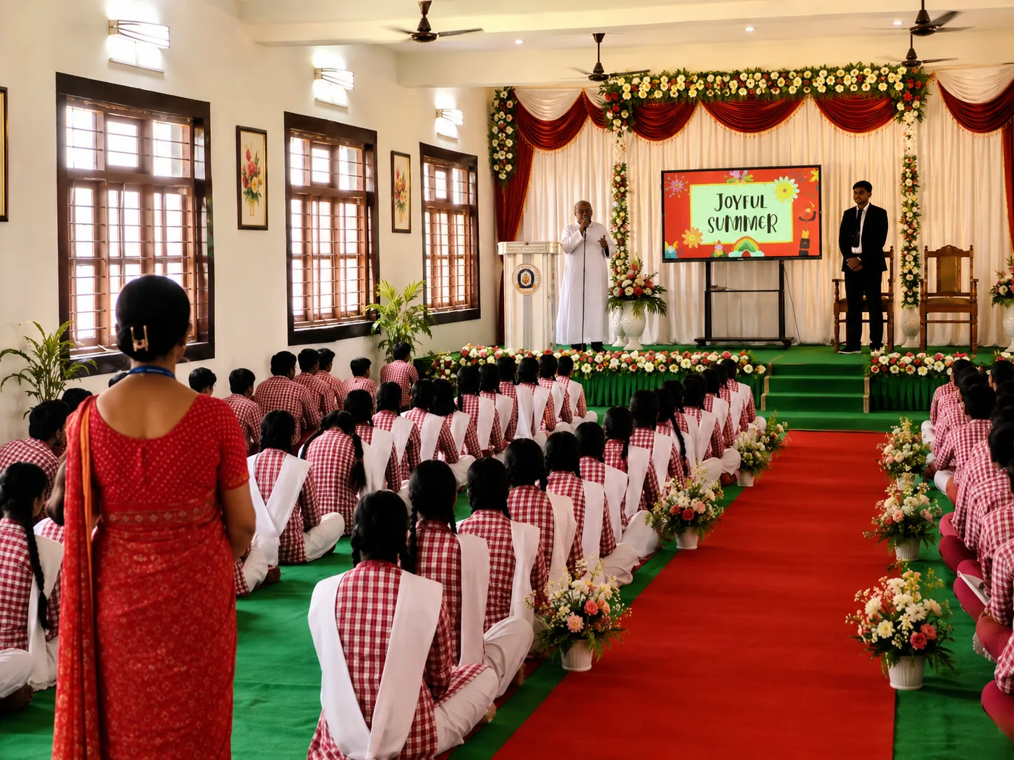 A speaker addressing pupils seated in the school hall at a Joyful Summer programme